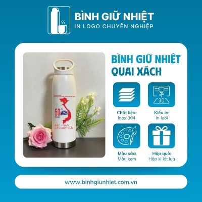 Bình giữ nhiệt quà tặng in logo màu kem có quai xách dung tích 500ml BGN-25