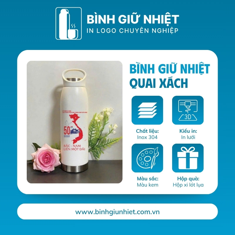 Bình giữ nhiệt quà tặng in logo màu kem có quai xách dung tích 500ml BGN-25