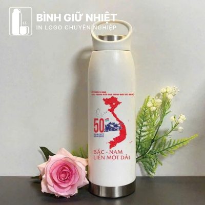 Bình giữ nhiệt quà tặng in logo màu kem có quai xách dung tích 500ml BGN-25
