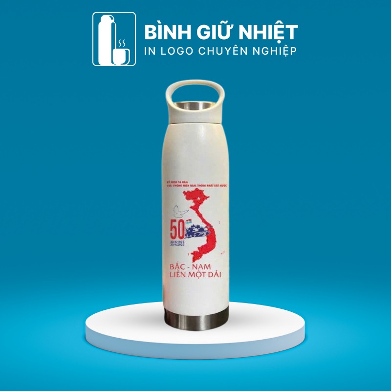 Bình giữ nhiệt quà tặng in logo màu kem có quai xách dung tích 500ml BGN-25