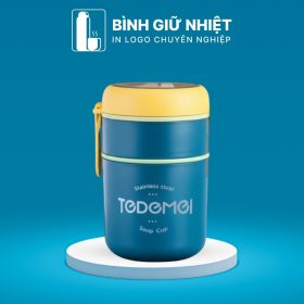 Hộp cơm giữ nhiệt quà tặng in logo quai xách màu xanh dương nắp vàng dung tích 710ml HC-03
