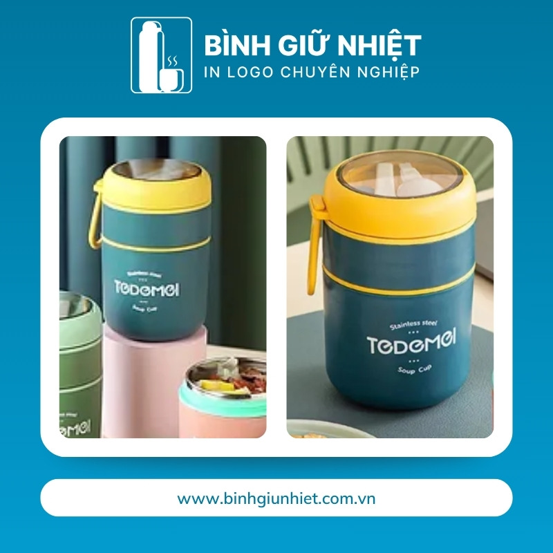 Cặp lồng quà tặng in logo quai xách màu xanh dương nắp vàng dung tích 710ml CL-03