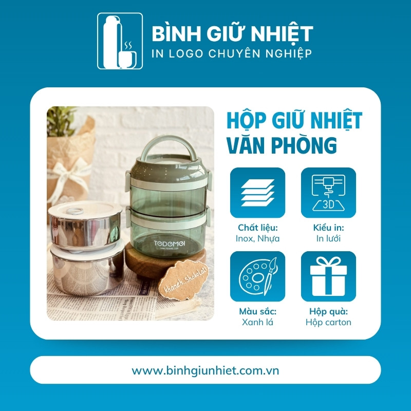 Hộp cơm giữ nhiệt quà tặng in logo 2 tầng màu xanh lá dung tích 1.6L HC-06