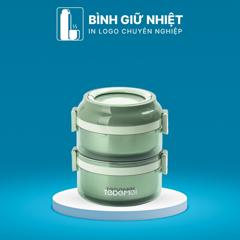 Hộp cơm giữ nhiệt quà tặng in logo 2 tầng màu xanh lá dung tích 1.6L HC-06