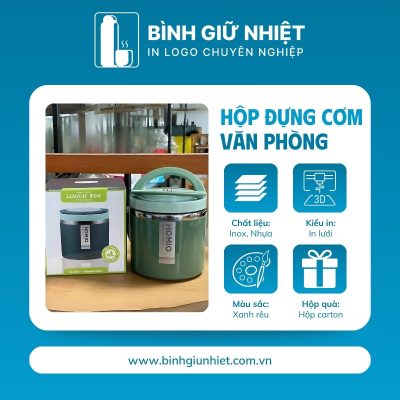 Hộp đựng cơm văn phòng quà tặng in logo 1 tầng quai xách màu xanh rêu dung tích 1L HC-09