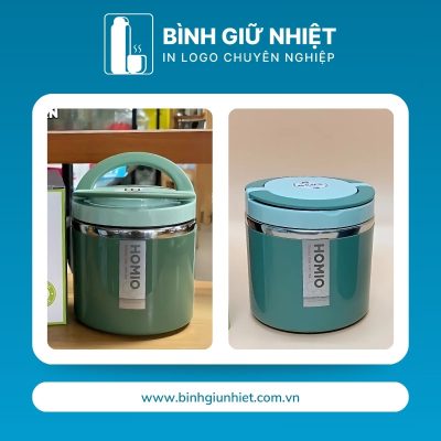 Hộp đựng cơm văn phòng quà tặng in logo 1 tầng quai xách màu xanh rêu dung tích 1L HC-09