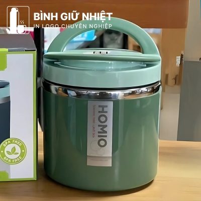Hộp đựng cơm văn phòng quà tặng in logo 1 tầng quai xách màu xanh rêu dung tích 1L HC-09