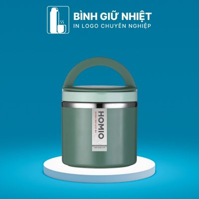 Hộp đựng cơm văn phòng quà tặng in logo 1 tầng quai xách màu xanh rêu dung tích 1L HC-09