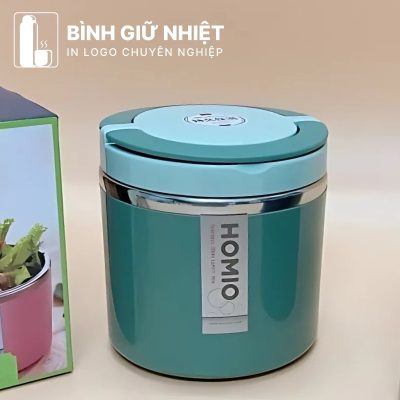 Hộp đựng cơm văn phòng quà tặng in logo 1 tầng quai xách màu xanh rêu dung tích 1L HC-09
