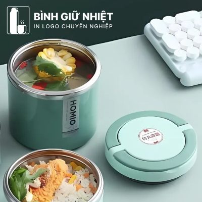 Hộp đựng cơm văn phòng quà tặng in logo 1 tầng quai xách màu xanh rêu dung tích 1L HC-09