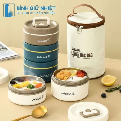 Hộp đựng cơm văn phòng quà tặng in logo 3 hộp tròn dung tích 1.4L HC-08