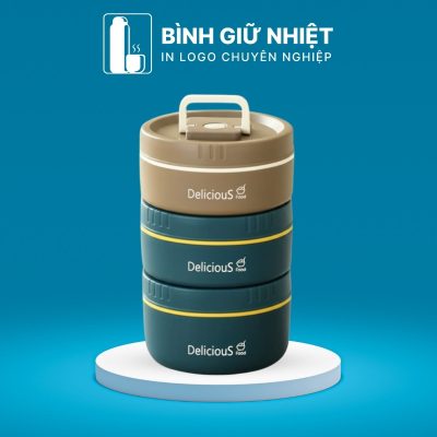 Hộp đựng cơm văn phòng quà tặng in logo 3 hộp tròn dung tích 1.4L HC-08