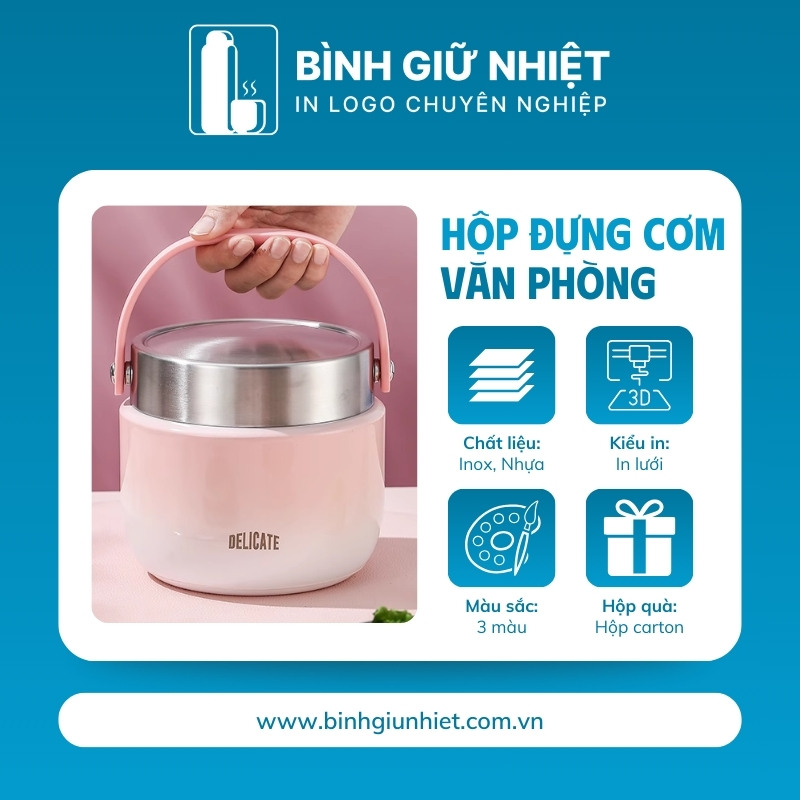 Hộp đựng cơm văn phòng quà tặng in logo có quai xách hộp tròn dung tích 1.5L HC-10