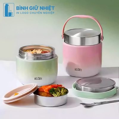 Hộp đựng cơm văn phòng quà tặng in logo có quai xách hộp tròn dung tích 1.5L HC-10