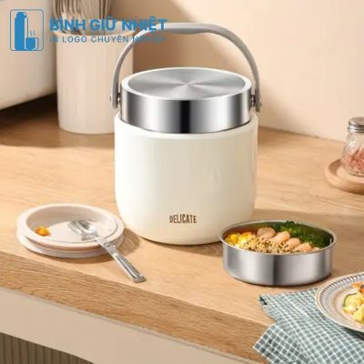 Hộp đựng cơm văn phòng quà tặng in logo có quai xách hộp tròn dung tích 1.5L HC-10