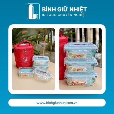 Hộp đựng cơm văn phòng quà tặng in logo thương hiệu Happy Cook 3 hộp chữ nhật 370ml HC-13