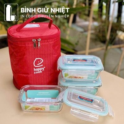 Hộp đựng cơm văn phòng quà tặng in logo thương hiệu Happy Cook 3 hộp chữ nhật 370ml HC-13