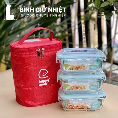 Hộp đựng cơm văn phòng quà tặng in logo thương hiệu Happy Cook 3 hộp chữ nhật 370ml HC-13