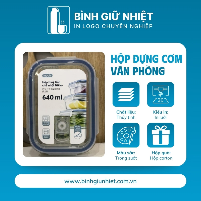 Hộp đựng cơm văn phòng quà tặng in logo thương hiệu Nikko thủy tinh dáng chữ nhật dung tích 640ml HC-12
