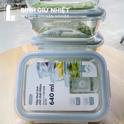 Hộp đựng cơm văn phòng quà tặng in logo thương hiệu Nikko thủy tinh dáng chữ nhật dung tích 640ml HC-12