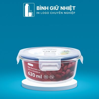 Hộp đựng cơm văn phòng quà tặng in logo thương hiệu Nikko thủy tinh dáng tròn dung tích 620ml HC-11