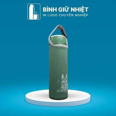 Túi đựng bình giữ nhiệt quà tặng in logo màu xanh lá có móc cài TĐ-02