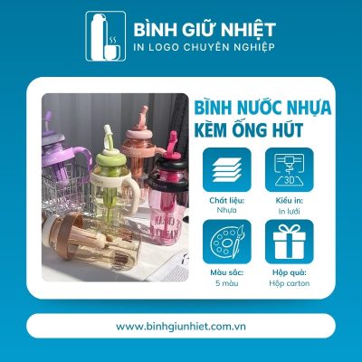Bình nước nhựa quà tặng in logo kèm ống hút dung tích 1L BNN-11