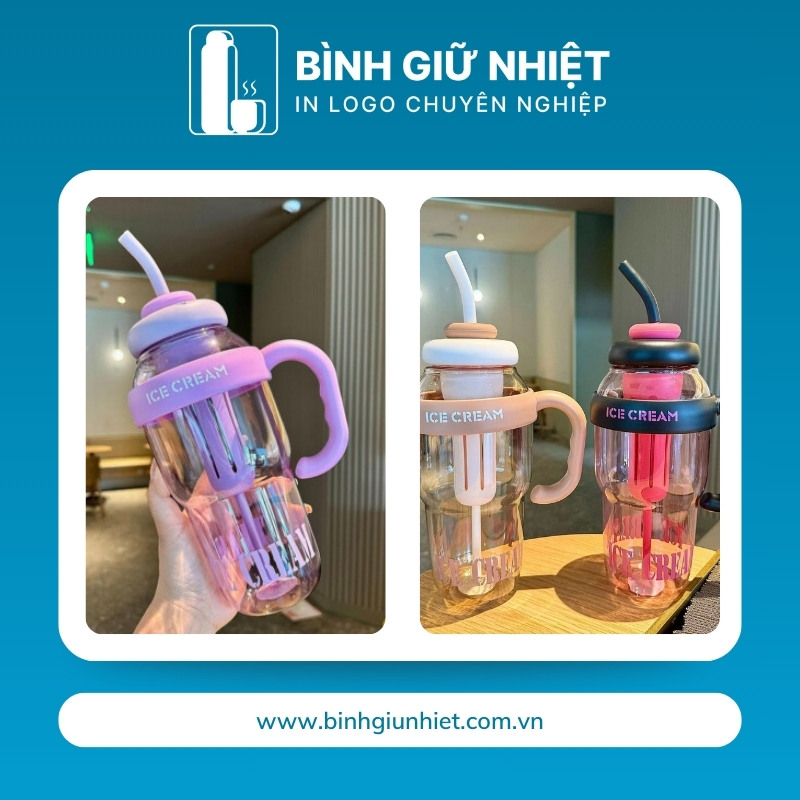 Bình nước nhựa quà tặng in logo kèm ống hút dung tích 1L BNN-11