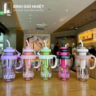 Bình nước nhựa quà tặng in logo kèm ống hút dung tích 1L BNN-11