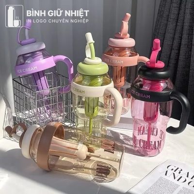 Bình nước nhựa quà tặng in logo kèm ống hút dung tích 1L BNN-11