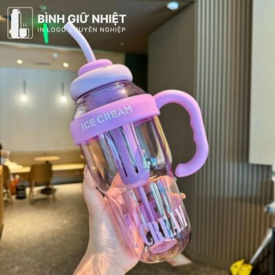 Bình nước nhựa quà tặng in logo kèm ống hút dung tích 1L BNN-11