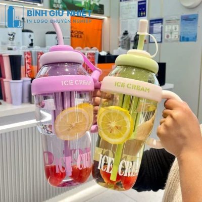 Bình nước nhựa quà tặng in logo kèm ống hút dung tích 1L BNN-11