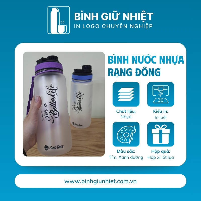 Bình nước nhựa quà tặng in logo thương hiệu Rạng Đông nút bật dung tích 1.2L BNN-09