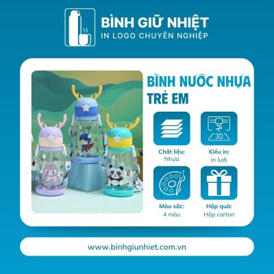 Bình nước nhựa quà tặng in logo trẻ em nút bấm dung tích 600ml BNN-10