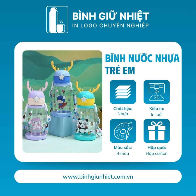 Bình nước nhựa quà tặng in logo trẻ em nút bấm dung tích 600ml BNN-10