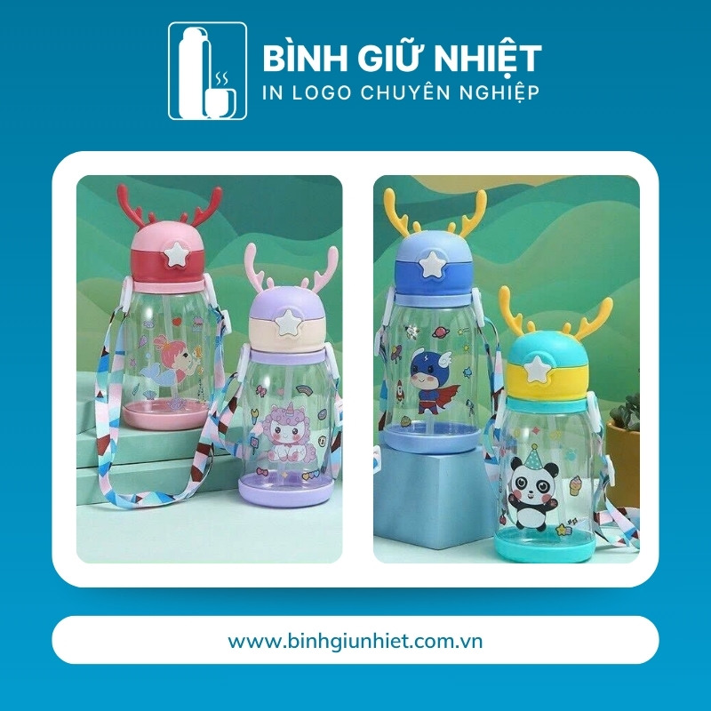 Bình nước nhựa quà tặng in logo trẻ em nút bấm dung tích 600ml BNN-10