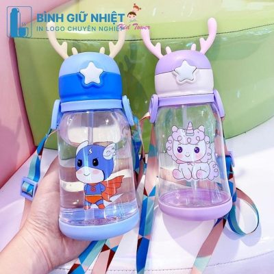 Bình nước nhựa quà tặng in logo trẻ em nút bấm dung tích 600ml BNN-10