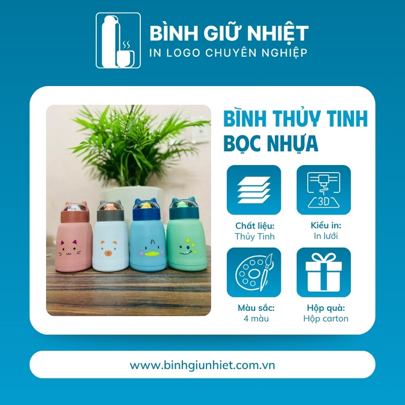 Bình thủy tinh bọc nhựa quà tặng in logo 4 màu dung tích 360ml BTT-09