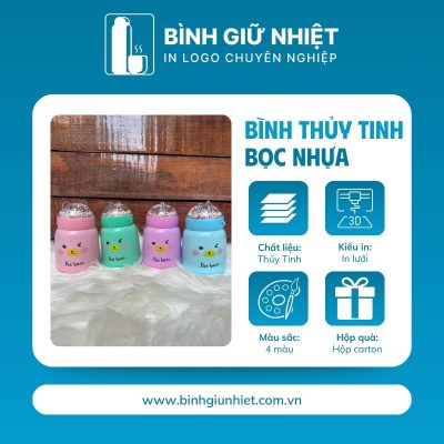 Bình thủy tinh bọc nhựa quà tặng in logo 4 màu dung tích 380ml BTT-10