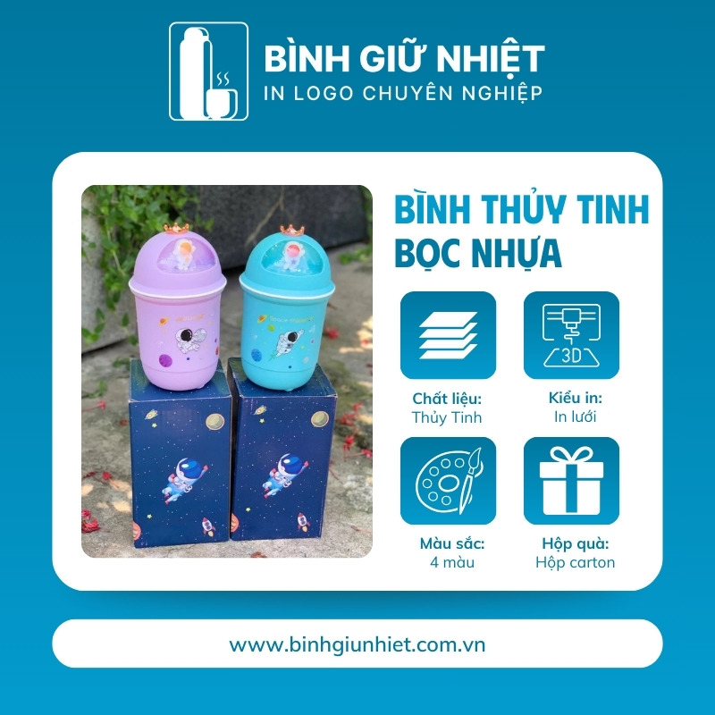 Bình thủy tinh bọc nhựa quà tặng in logo 4 màu dung tích 380ml BTT-08