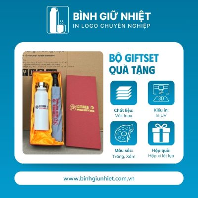 Bộ Giftset quà tặng in logo gồm bình giữ nhiệt quai xách và ô dù gấp 3 tự động 2 chiều BGS-25
