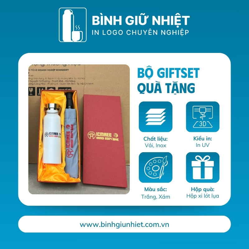 Bộ Giftset quà tặng in logo gồm bình giữ nhiệt quai xách và ô dù gấp 3 tự động 2 chiều BGS-25