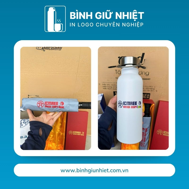 Bộ Giftset quà tặng in logo gồm bình giữ nhiệt quai xách và ô dù gấp 3 tự động 2 chiều BGS-25