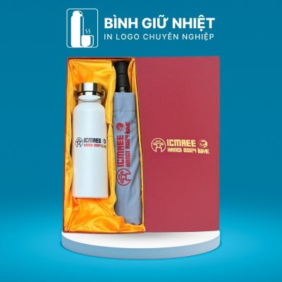 Bộ Giftset quà tặng in logo gồm bình giữ nhiệt quai xách và ô dù gấp 3 tự động 2 chiều BGS-25