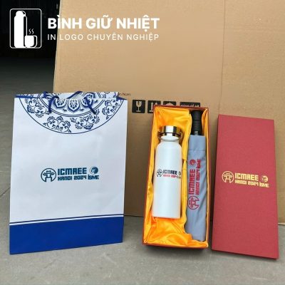Bộ Giftset quà tặng in logo gồm bình giữ nhiệt quai xách và ô dù gấp 3 tự động 2 chiều BGS-25