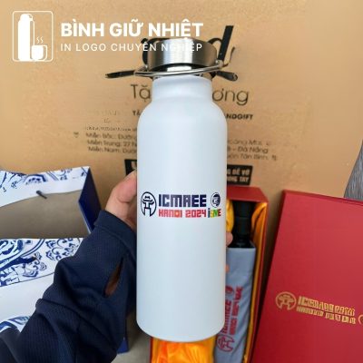 Bộ Giftset quà tặng in logo gồm bình giữ nhiệt quai xách và ô dù gấp 3 tự động 2 chiều BGS-25