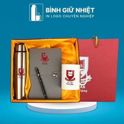 Bộ Giftset quà tặng in logo gồm bình giữ nhiệt, sổ da, bút ký và ly sứ BGS-23