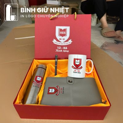 Bộ Giftset quà tặng in logo gồm bình giữ nhiệt, sổ da, bút ký và ly sứ BGS-23