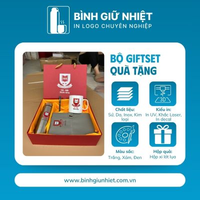 Bộ Giftset quà tặng in logo gồm bình giữ nhiệt, sổ da, bút ký và ly sứ BGS-23
