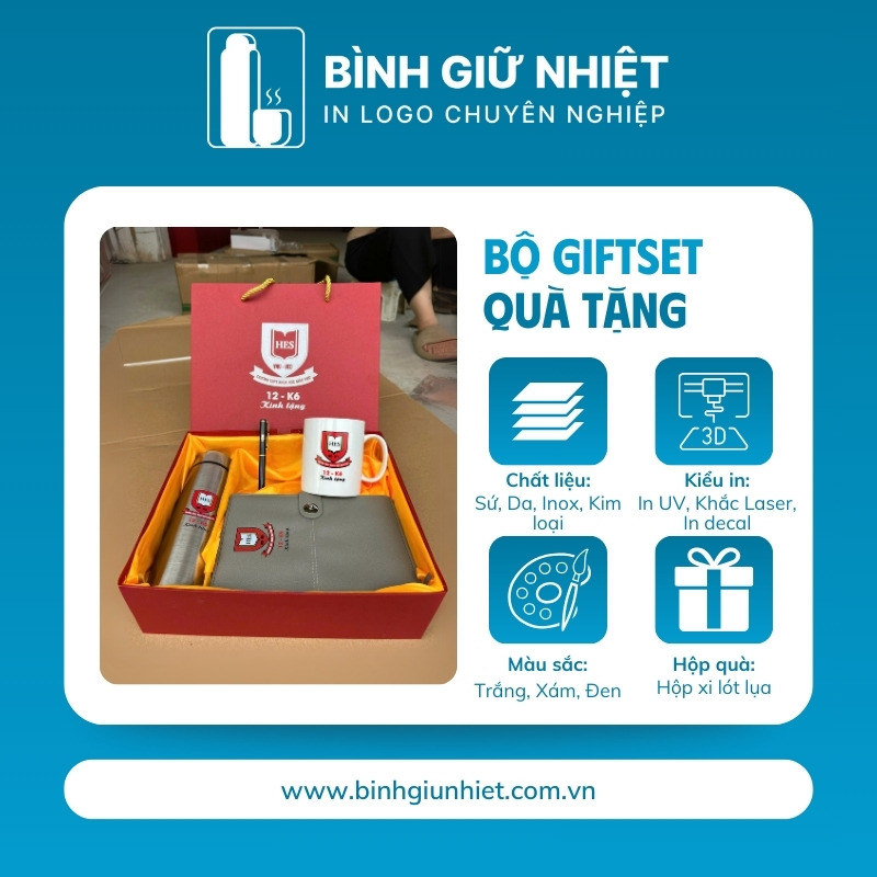 Bộ Giftset quà tặng in logo gồm bình giữ nhiệt, sổ da, bút ký và ly sứ BGS-23